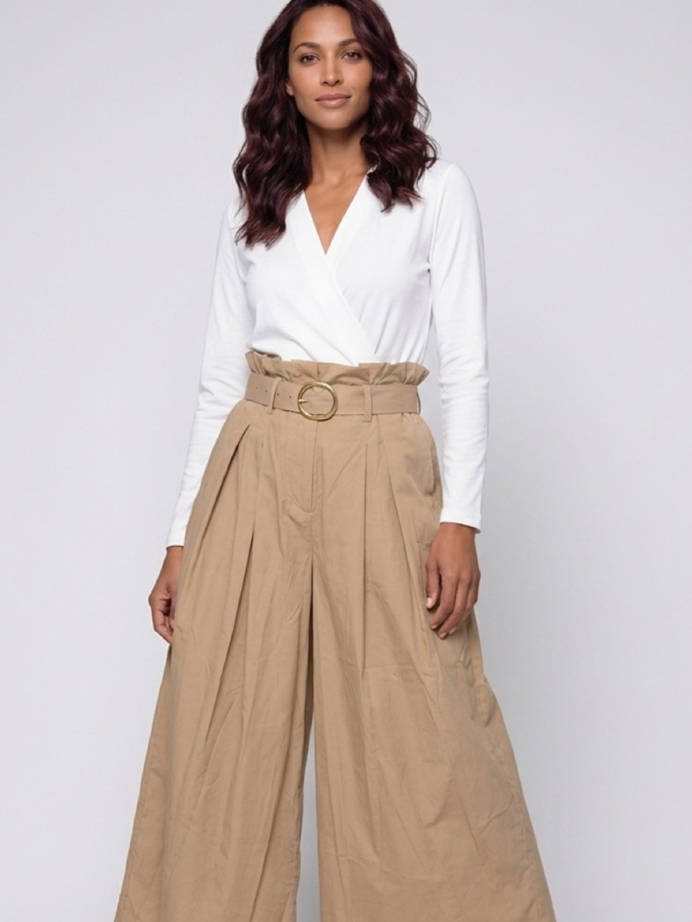 High-Waist Paperbag Wide-Leg Pants in Tan